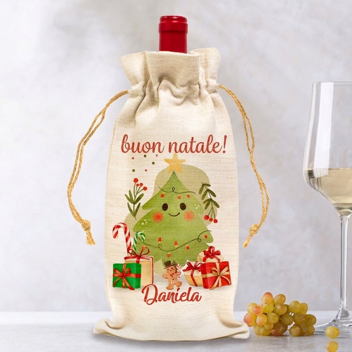 Sacchetto personalizzato per bottiglia di vino - Illustrazione natalizia