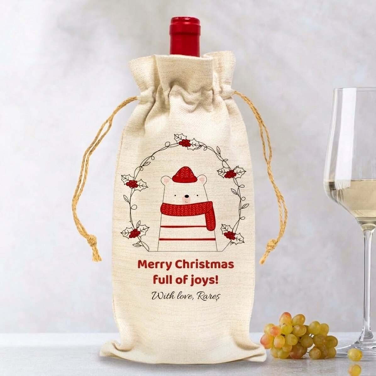 Sacchetto personalizzato per bottiglia di vino - Modello orsetto natalizio