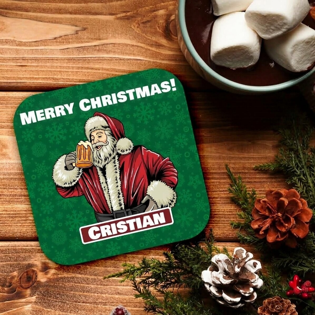 Portabicchieri personalizzato con scritta - Babbo Natale con una birra