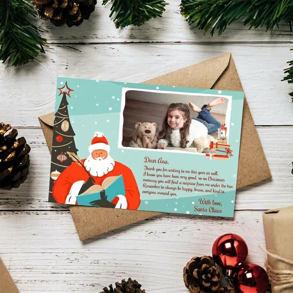 Biglietto di auguri magnetico personalizzato con foto e messaggio - Lettera di Babbo Natale