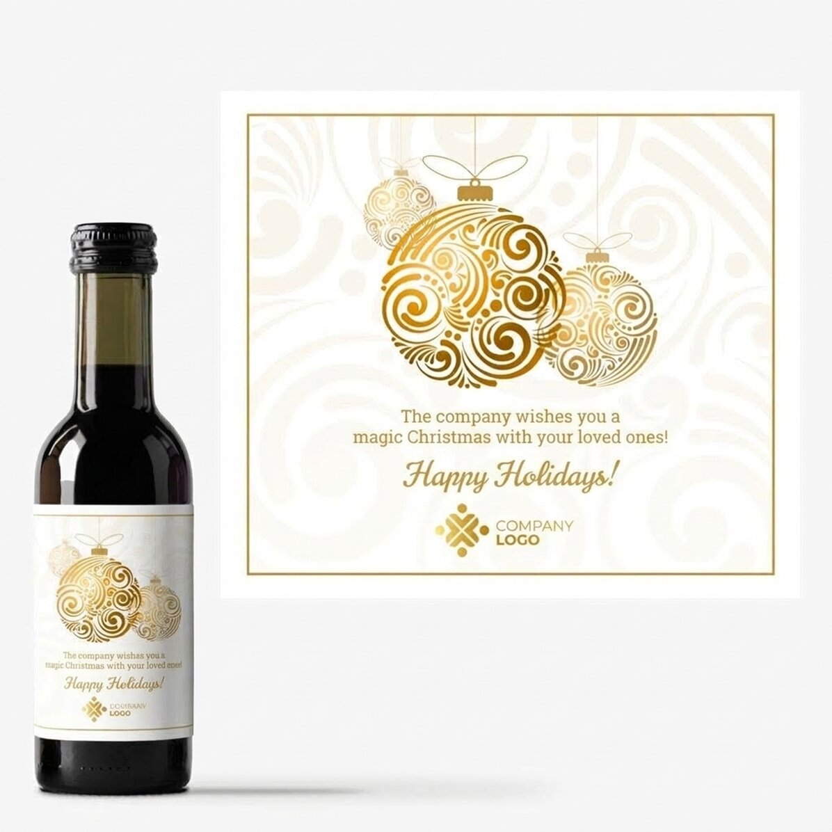 Mini bottiglia di vino personalizzata con logo e messaggio - Palline di Natale dorate