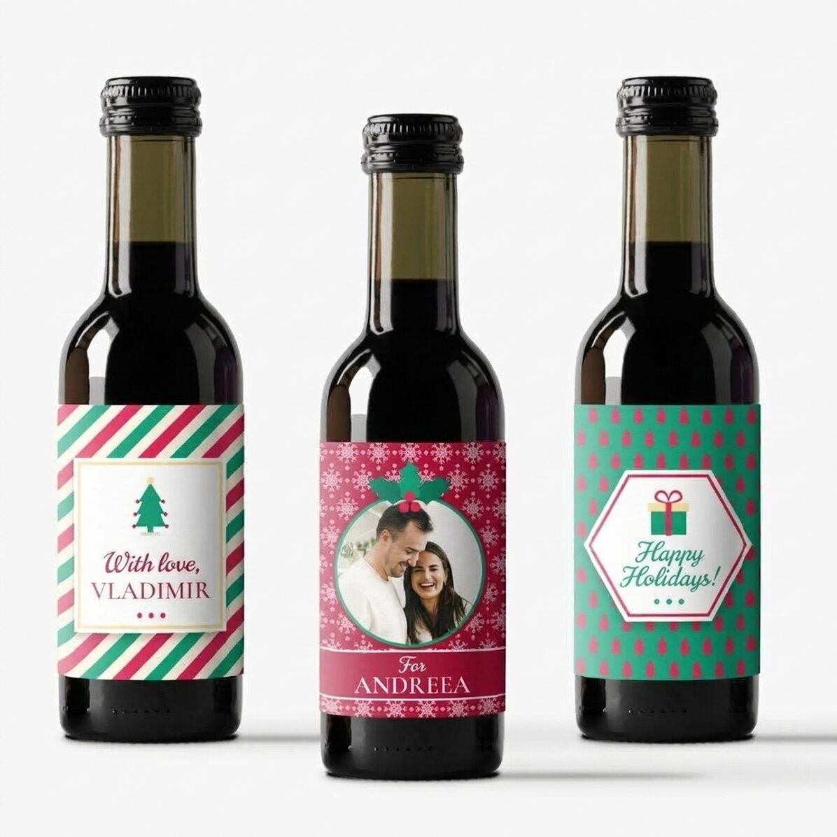 Set di 3 mini bottigliette di vino personalizzate con una foto e una frase - Buon Natale!