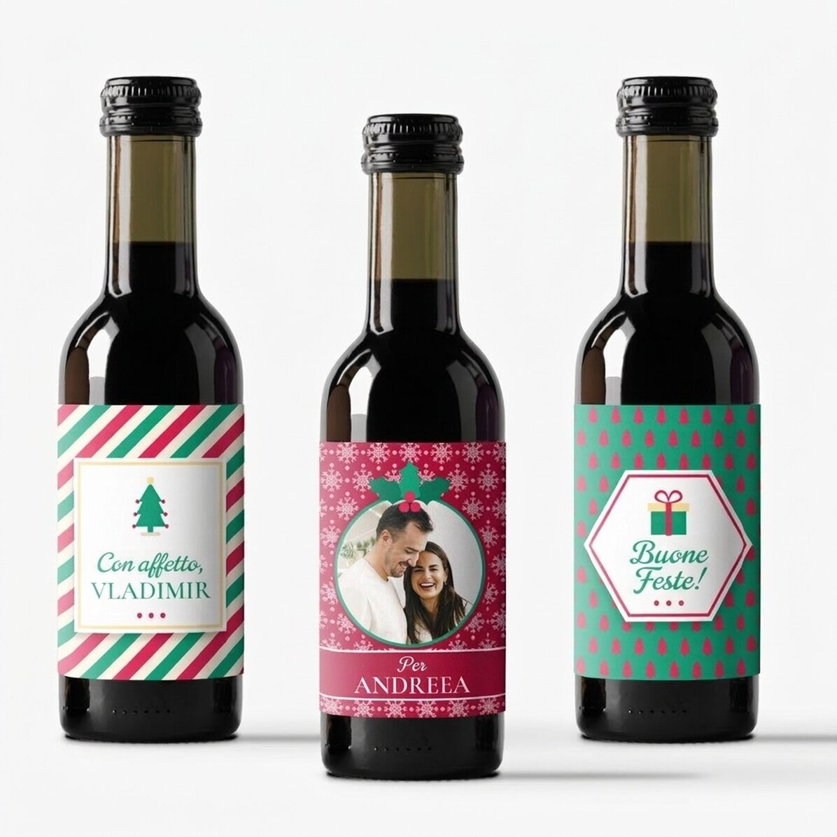 Set di 3 mini bottigliette di vino personalizzate con una foto e una frase - Buon Natale!