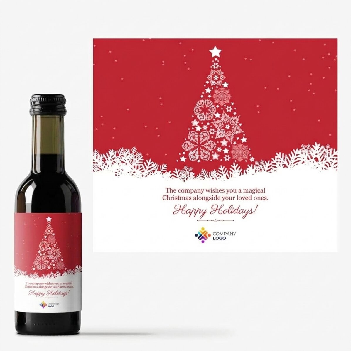 Mini bottiglia di vino personalizzata con testo e logo - La magia del Natale