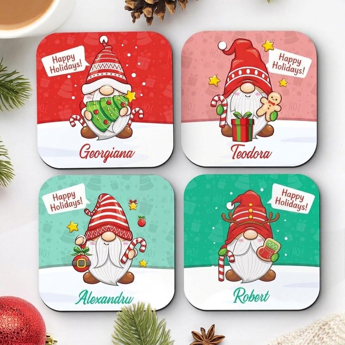 Set di 4 sottobicchieri personalizzati con scritta - modello natalizio