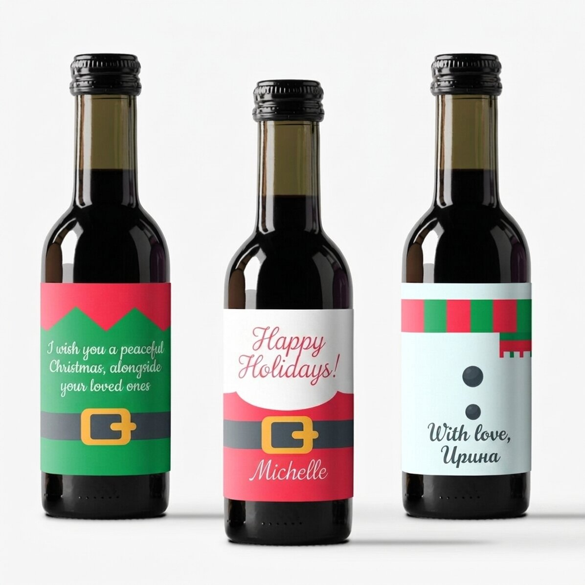 Set di 3 mini bottigliette di vino personalizzate - Personaggi natalizi