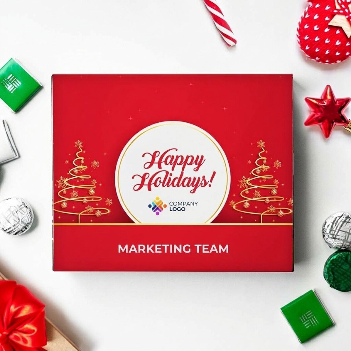 Scatola di cioccolatini personalizzata con logo e messaggio - Buone feste