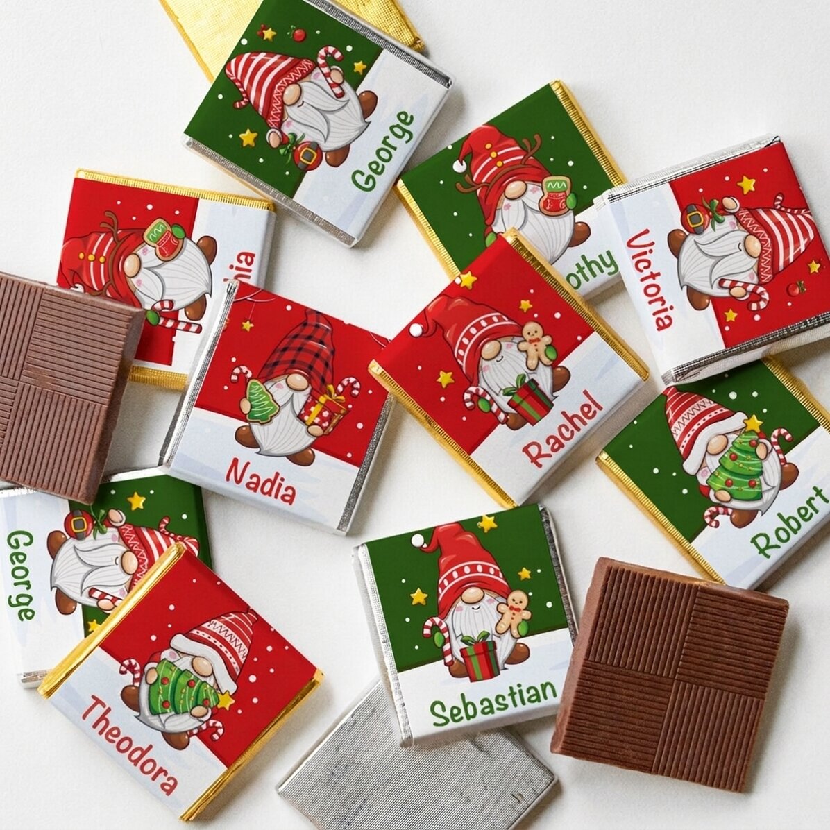 Set di 10 mini cioccolatini personalizzati con nome - Gnomi di Natale