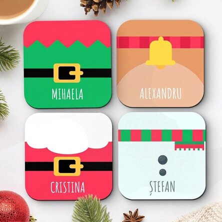 Set di 4 sottobicchieri personalizzati con scritta - Personaggi natalizi