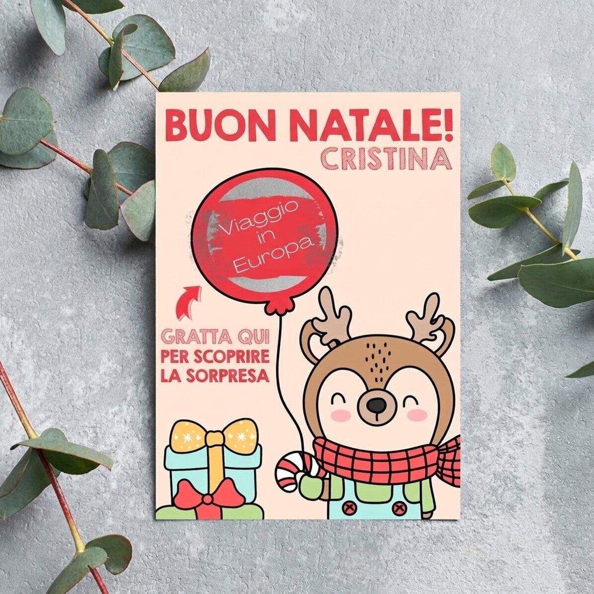 Cartolina di Natale personalizzata da grattare - Renna con palloncino