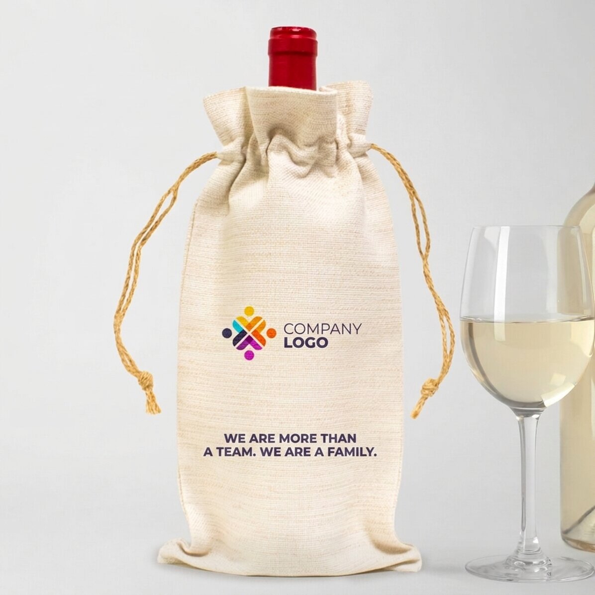 Sacchetto personalizzato per bottiglia di vino con logo e testo