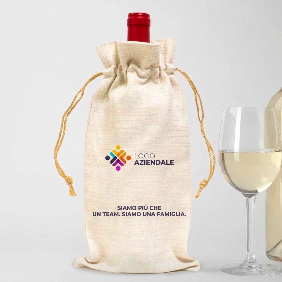 Sacchetto personalizzato per bottiglia di vino con logo e testo