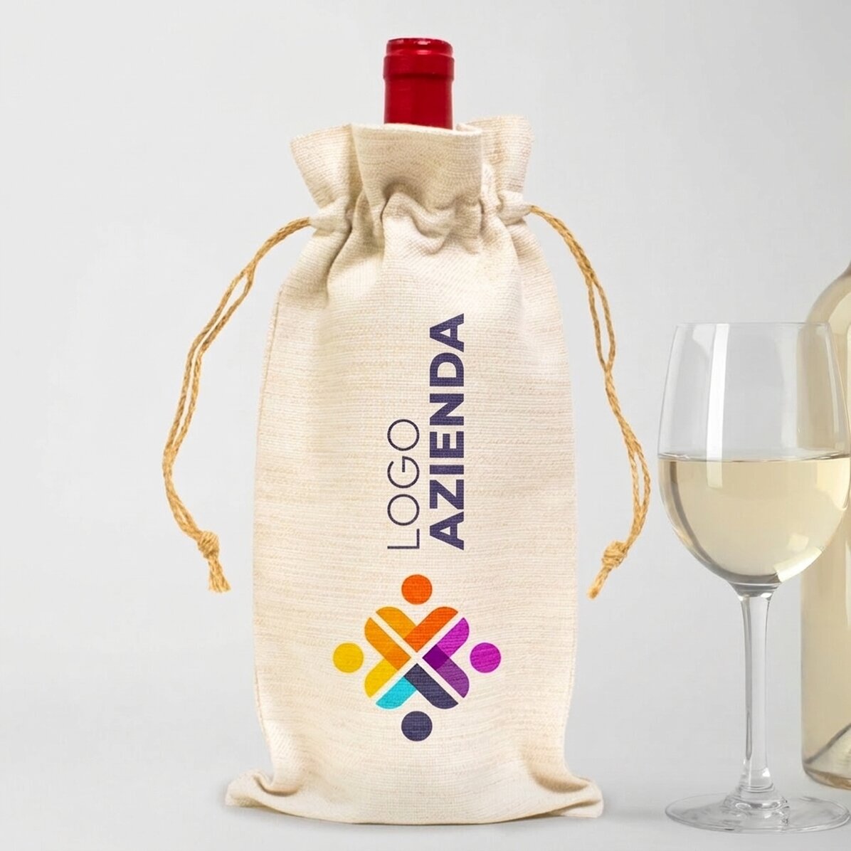 Sacchetto personalizzato per bottiglia di vino con logo in orizzontale