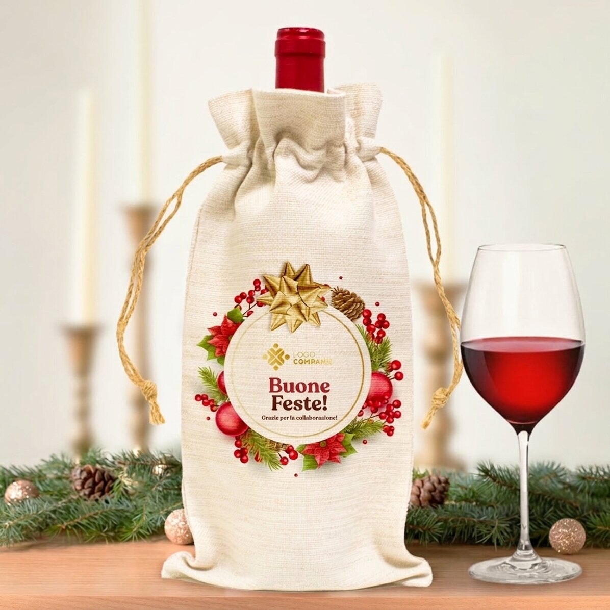Sacchetto personalizzato per bottiglia di vino con logo e scritta - Buone feste