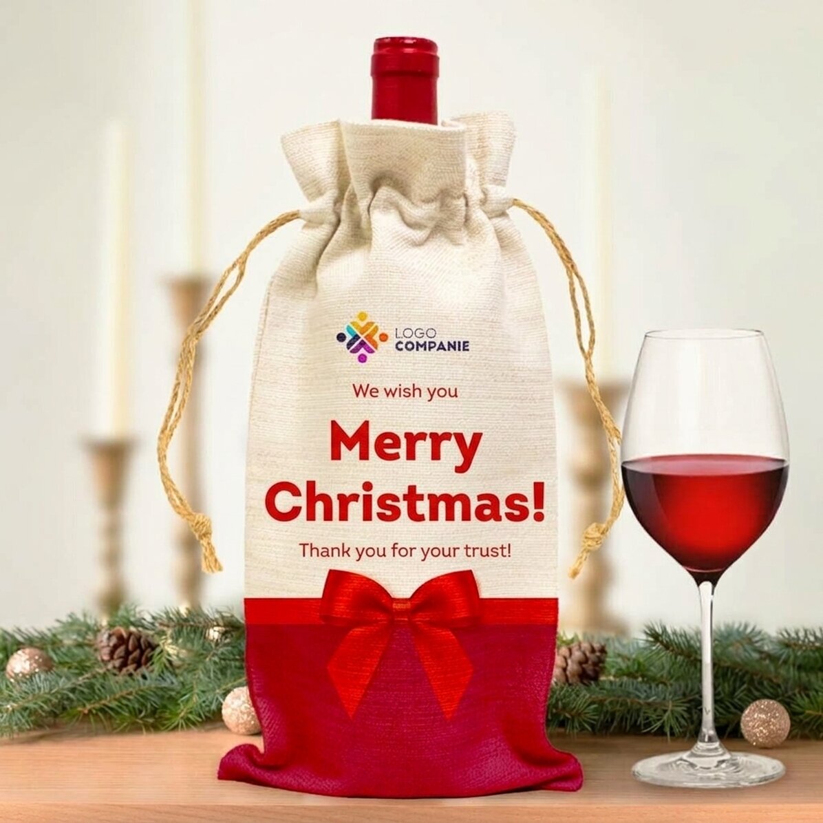 Sacchetto personalizzato per bottiglia di vino con logo e messaggio esclusivo per Natale