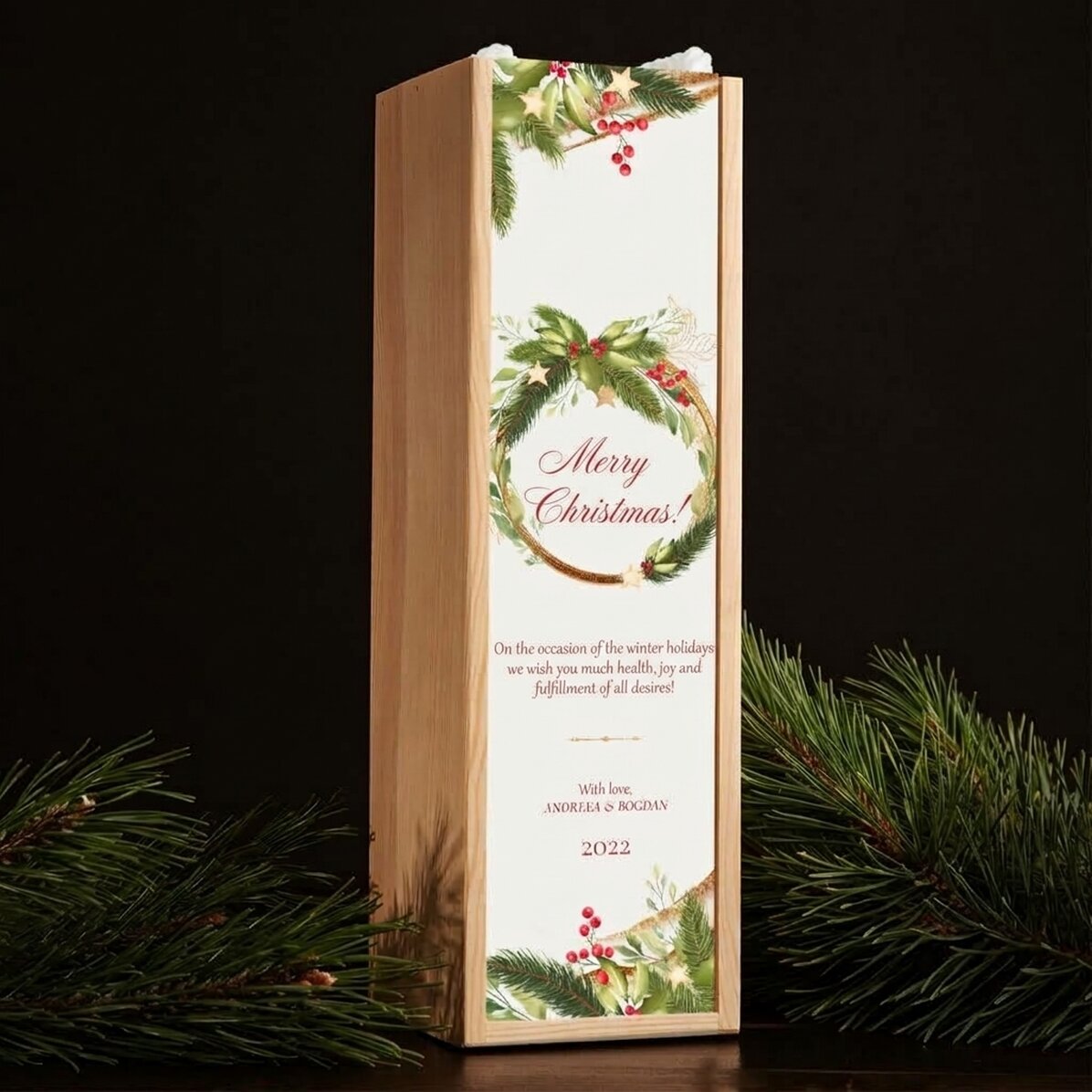Scatola di vino personalizzata con una frase natalizia - Buon Natale!