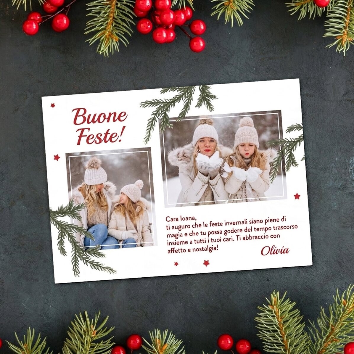 Biglietto di auguri magnetico personalizzato con 2 foto e messaggio natalizio
