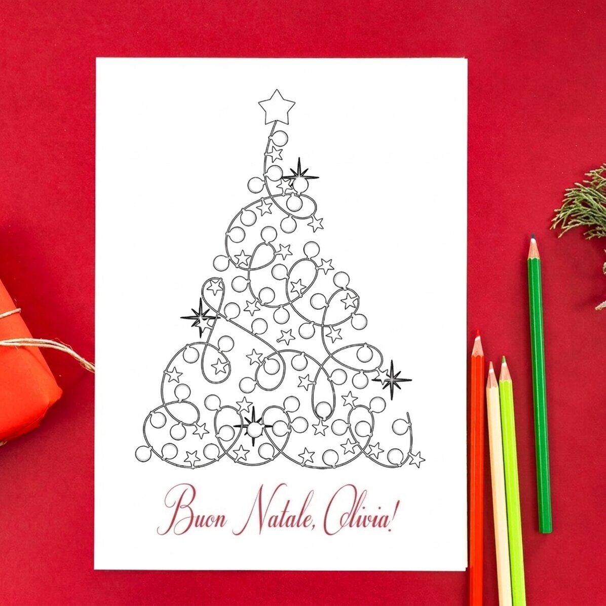 Biglietto di auguri personalizzato da colorare con messaggio natalizio
