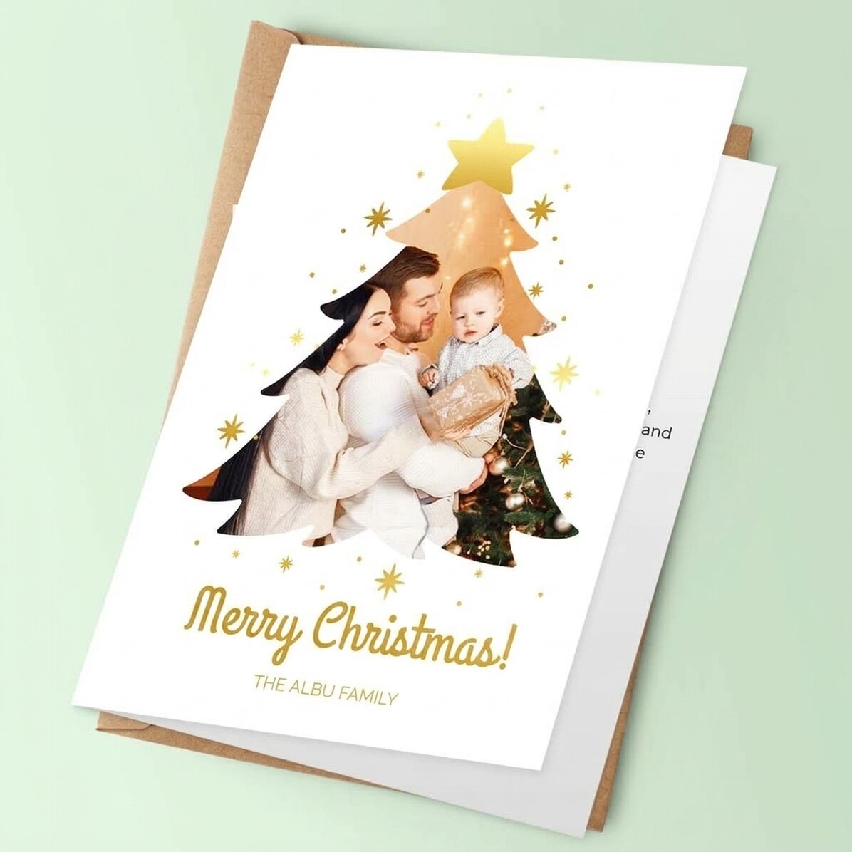 Biglietto di auguri personalizzato con foto di famiglia e messaggio - Albero di Natale