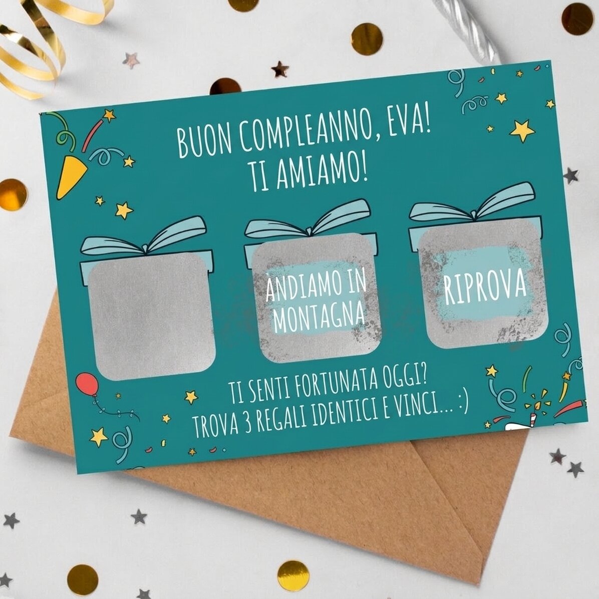 Cartolina gratta e vinci personalizzata con messaggio - Indovina 3 regali e vinci