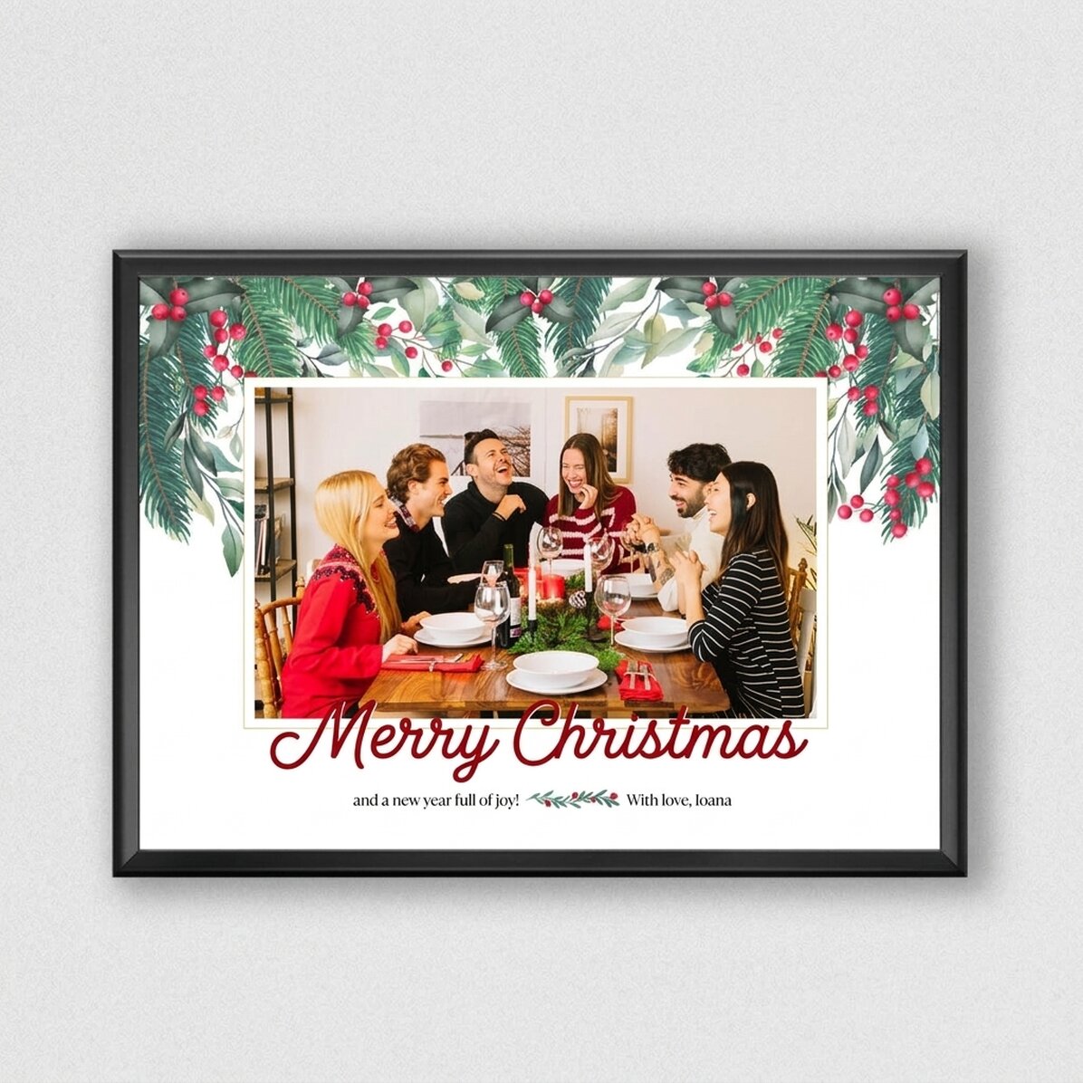 Quadro natalizio personalizzato con una frase e una foto di famiglia