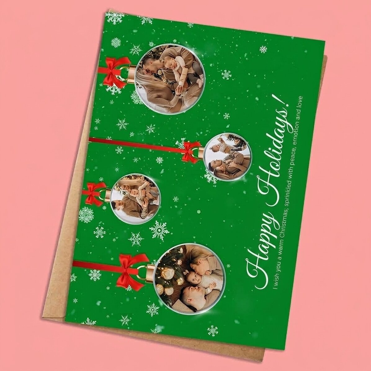 Biglietto di Natale personalizzato con 4 foto e testo - Modello "Palline di Natale"