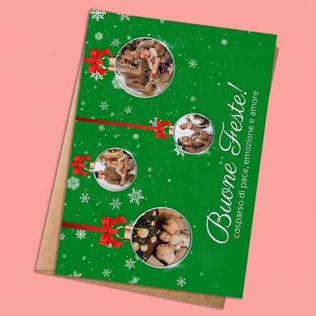 Biglietto di Natale personalizzato con 4 foto e testo - Modello "Palline di Natale"