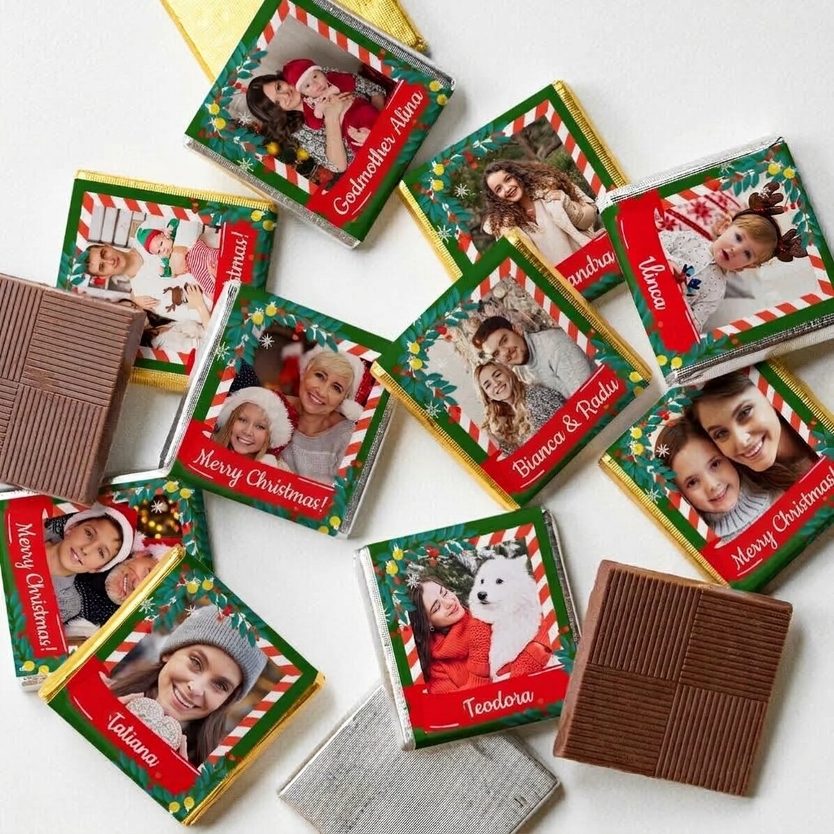 Set di 10 mini cioccolatini personalizzati con foto e nomi - Natale da favola