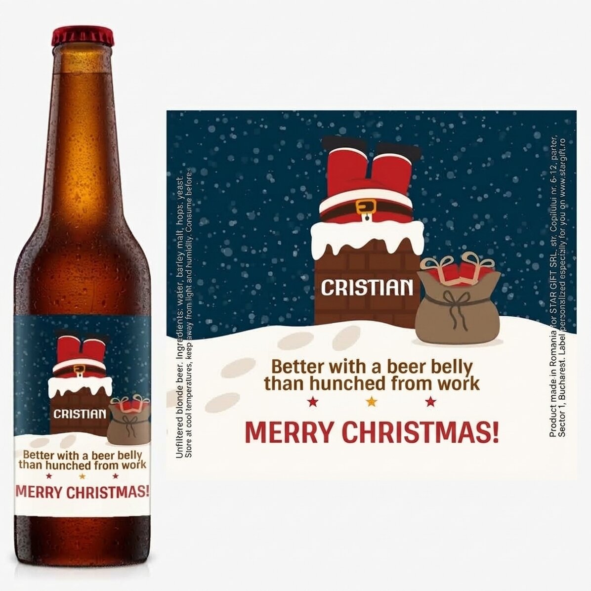 Birra personalizzata con scritta - Babbo Natale sul camino
