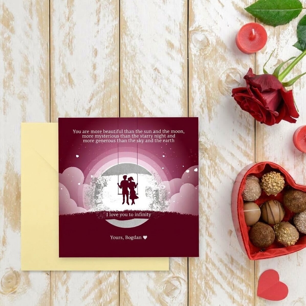 Biglietto gratta e vinci personalizzato con messaggio - Paesaggio notturno di San Valentino