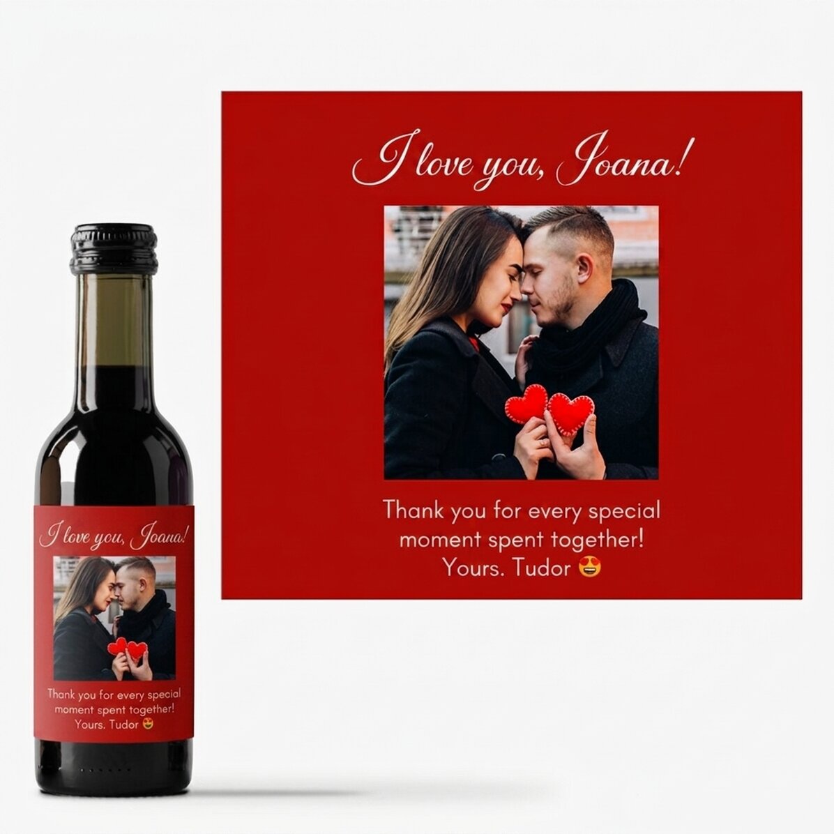 Mini bottiglia di vino personalizzata con una foto e un messaggio per i propri cari