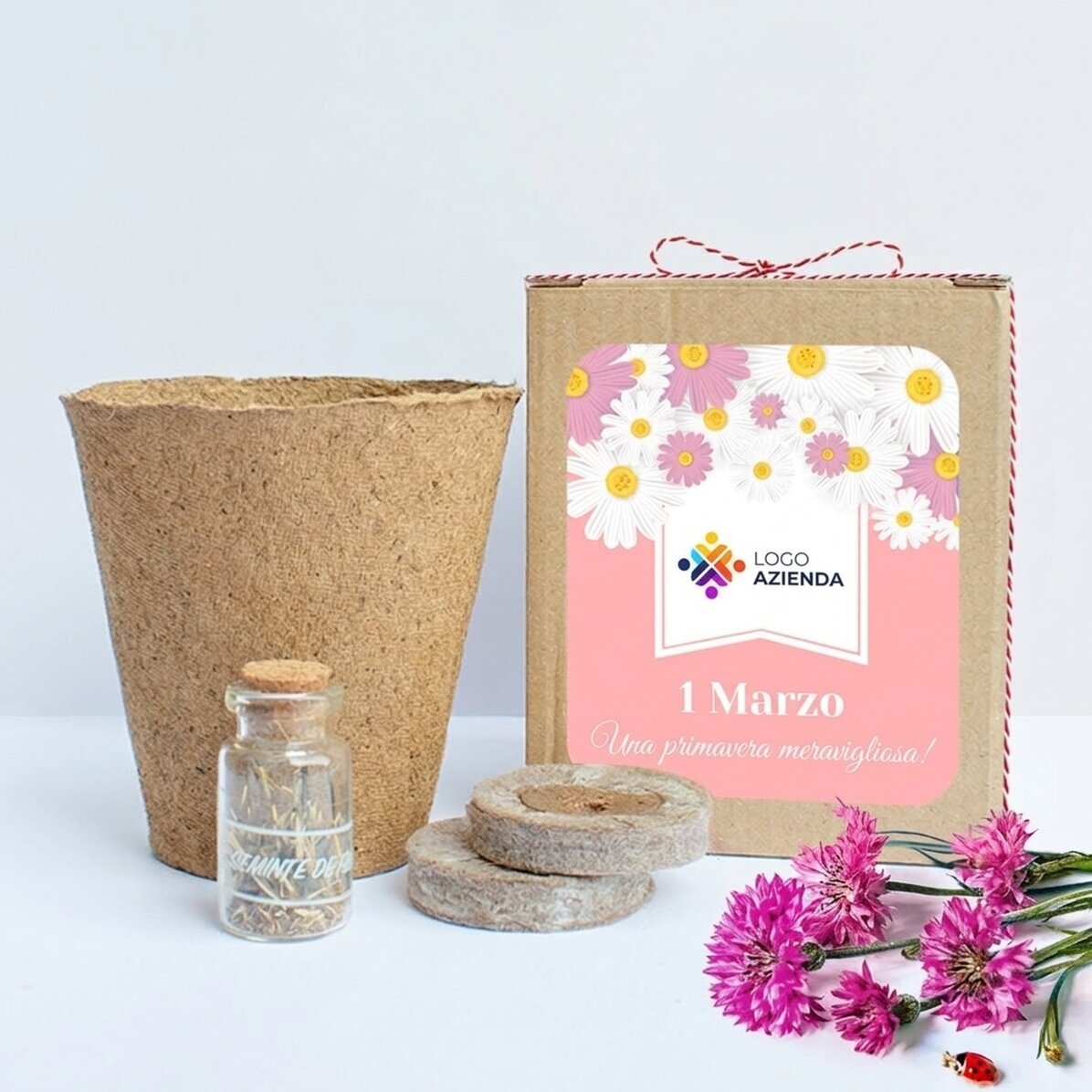 Kit per piantare fiori primaverili in una scatolina personalizzata con logo e messaggio - Floral