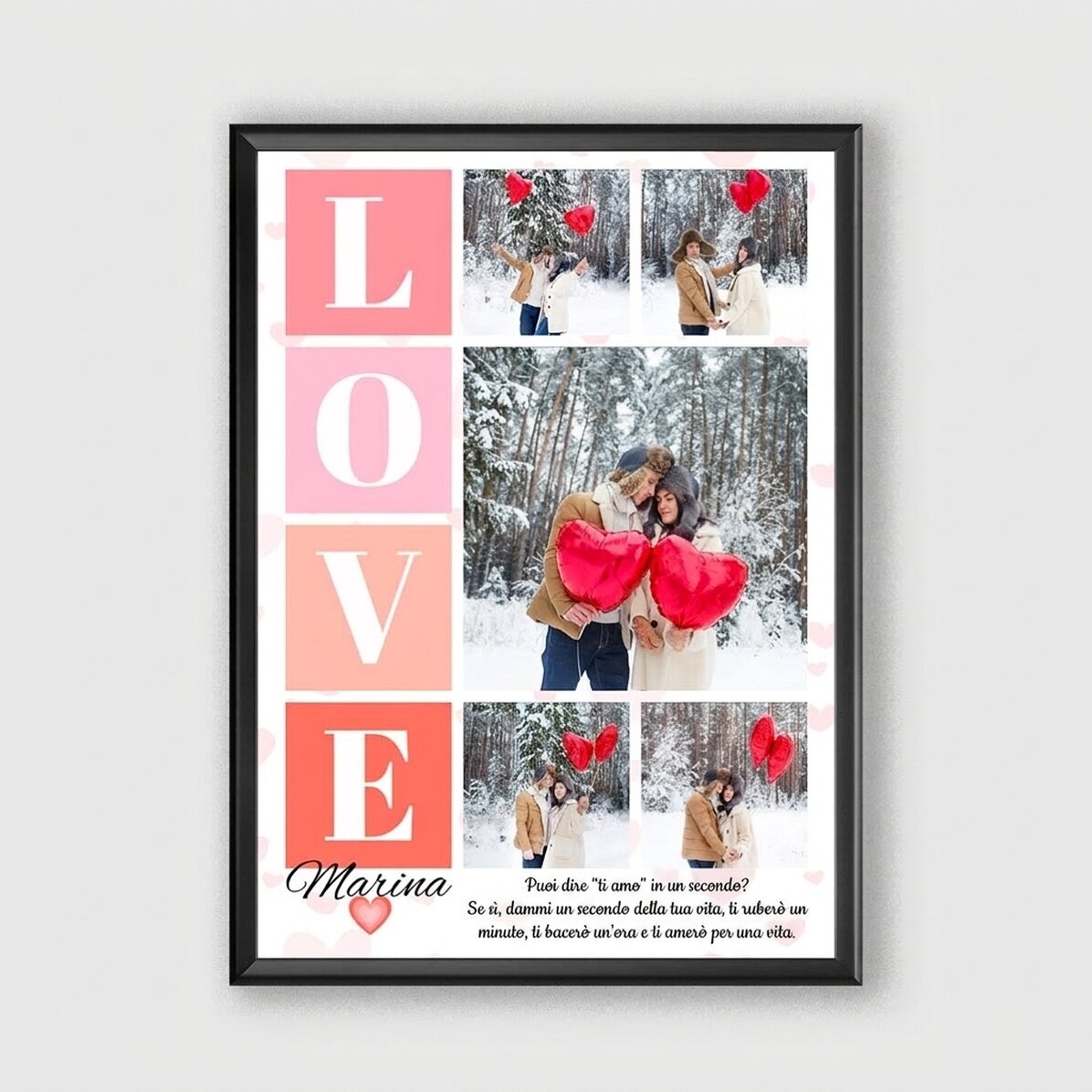 Quadro personalizzato con 5 foto e un messaggio per gli innamorati