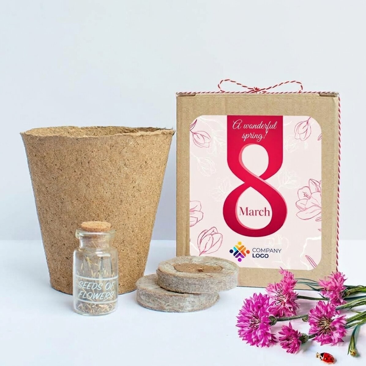 Kit per piantare fiori primaverili in una scatolina personalizzata con logo e messaggio - 8 marzo