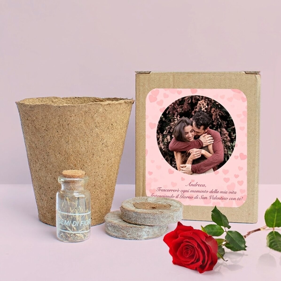 Kit per piantare fiori primaverili in una scatolina personalizzata con foto e messaggio - Cuoricini