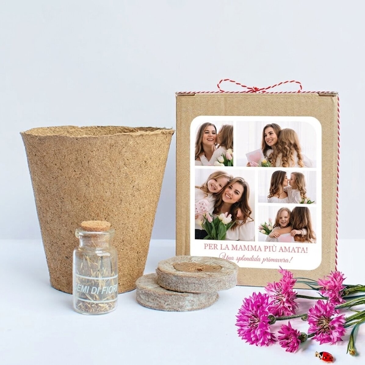 Kit per piantare fiori primaverili in una scatolina personalizzata con un collage di foto e un messa