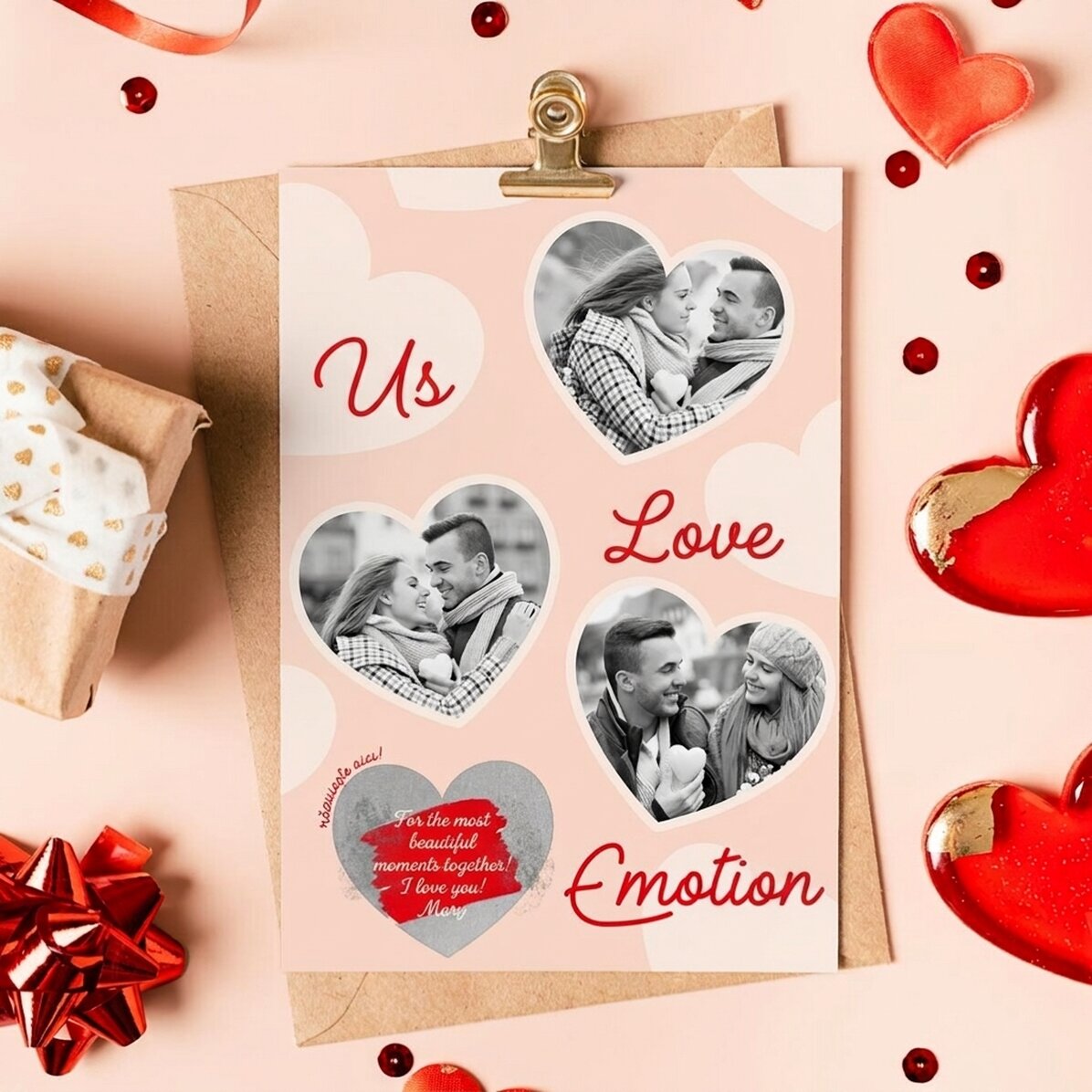 Cartolina gratta e vinci personalizzata con 3 foto e testo - Emozione e amore