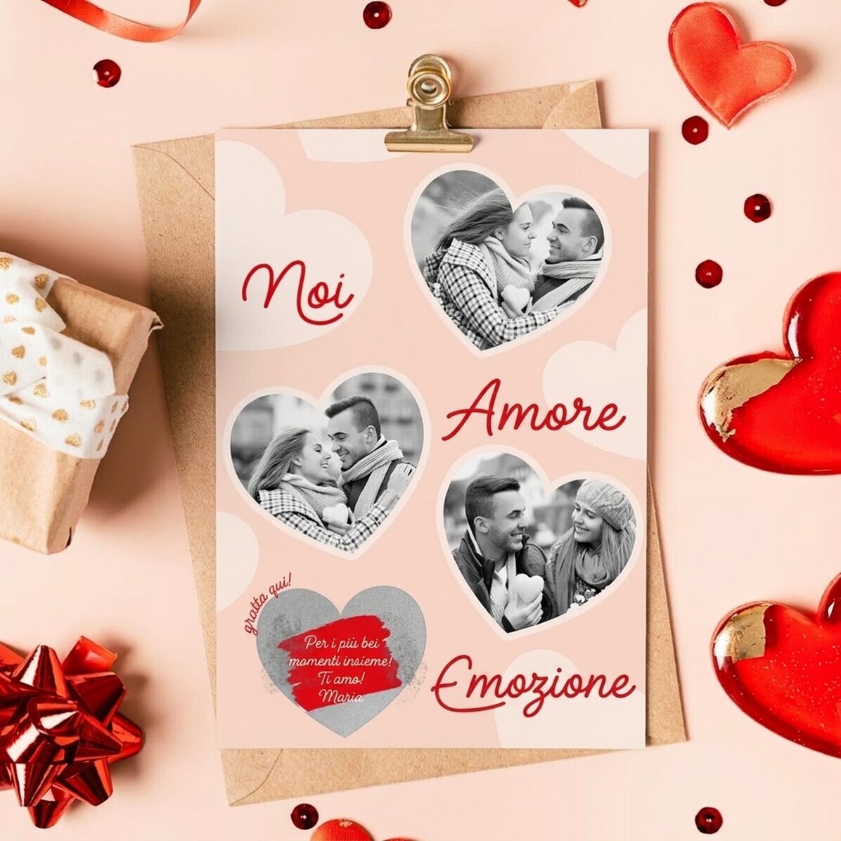 Cartolina gratta e vinci personalizzata con 3 foto e testo - Emozione e amore