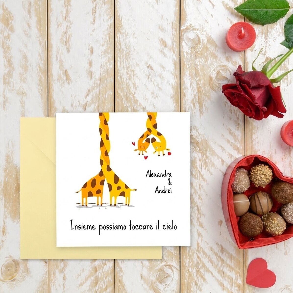 Cartoncino quadrato personalizzato con testo - Giraffe innamorate