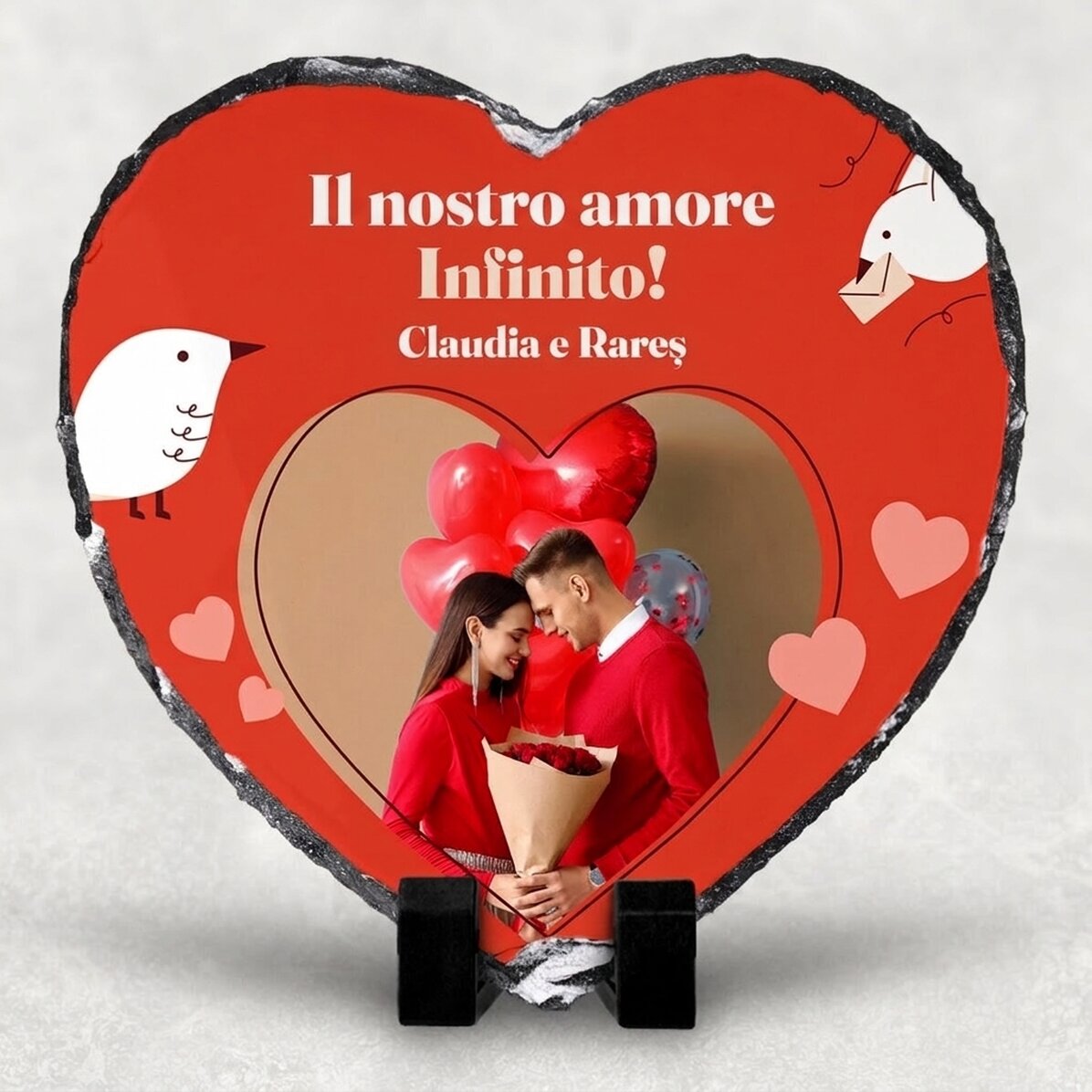 Ardesia a forma di cuore personalizzata con una foto e una frase - Il nostro amore infinito