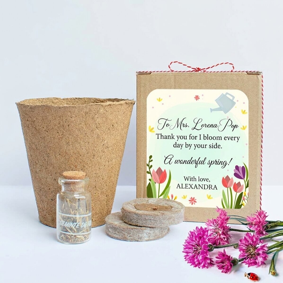 Kit per piantare fiori primaverili in una scatolina personalizzata con un messaggio per la maestra