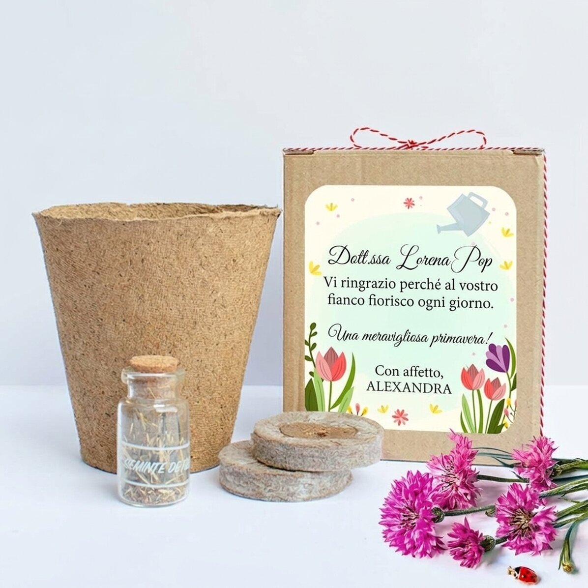 Kit per piantare fiori primaverili in una scatolina personalizzata con un messaggio per la maestra