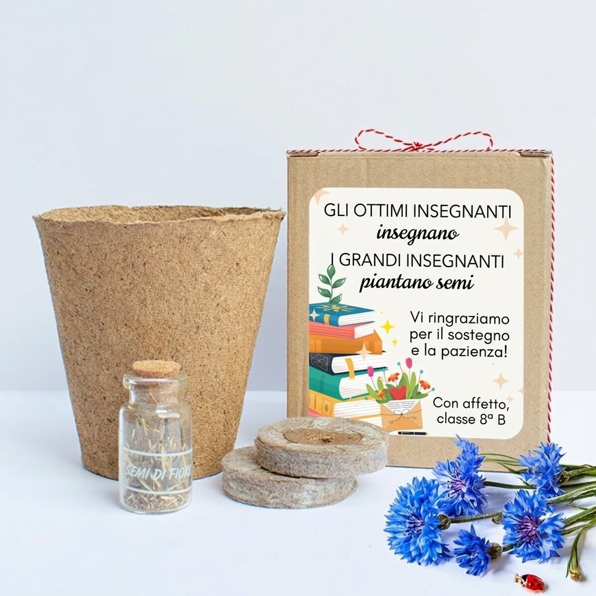 Kit per piantare fiori primaverili in una scatolina personalizzata con un messaggio per la maestra -