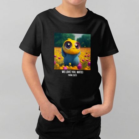 Maglietta in cotone per bambini personalizzata con una foto quadrata e una scritta