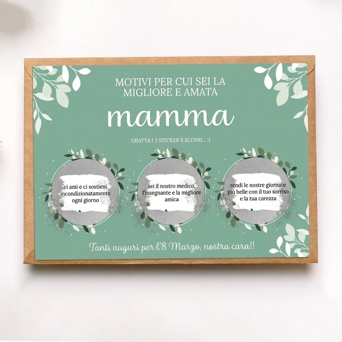 Cartolina gratta e vinci personalizzata con motivi dedicati alla mamma migliore del mondo
