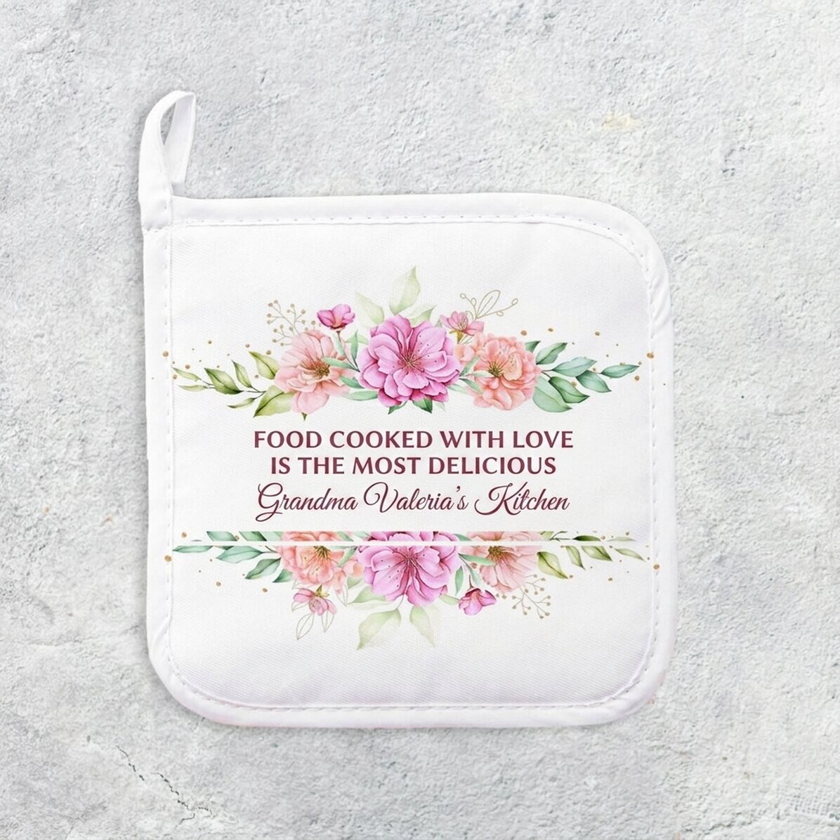 Supporto per pentole calde personalizzato con scritta - motivo floreale