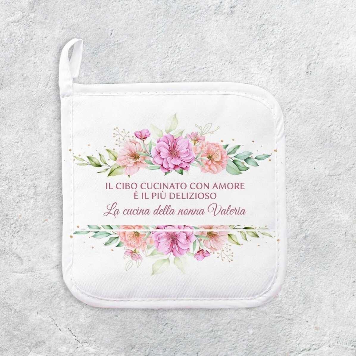 Supporto per pentole calde personalizzato con scritta - motivo floreale