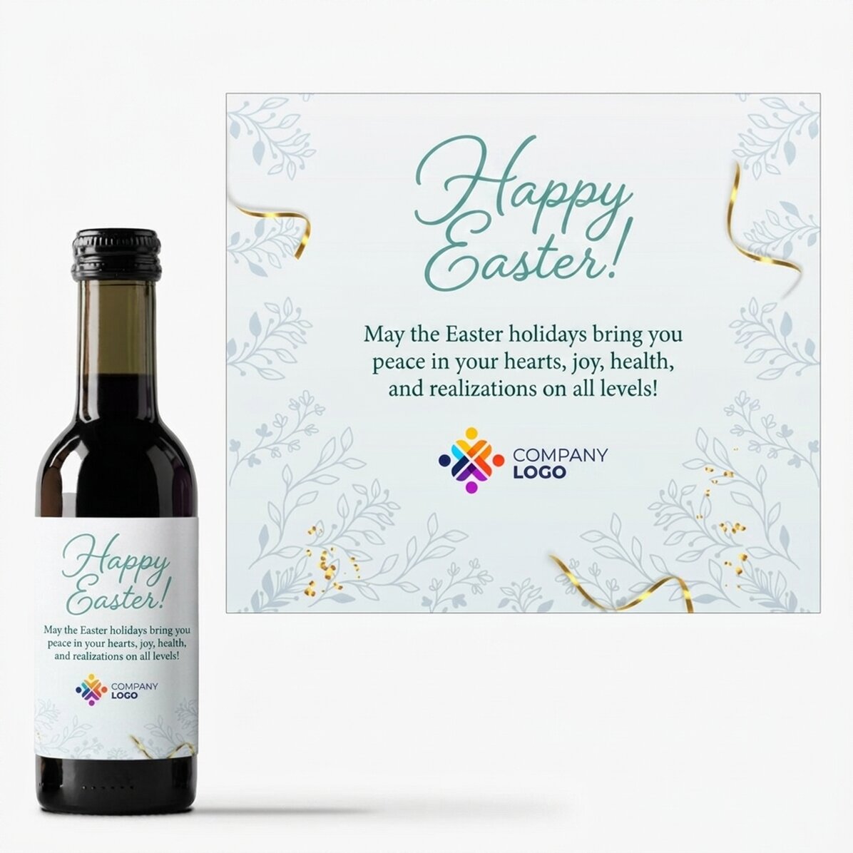 Mini bottiglia di vino personalizzata con logo e messaggio - Buona Pasqua!
