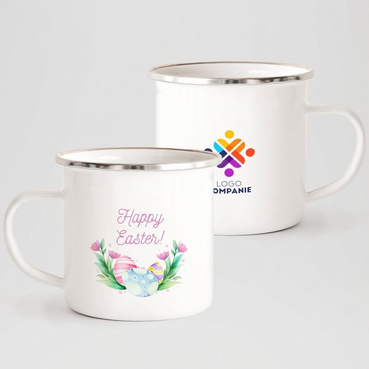 Tazza in metallo smaltato personalizzata con logo e testo - Buona Pasqua!