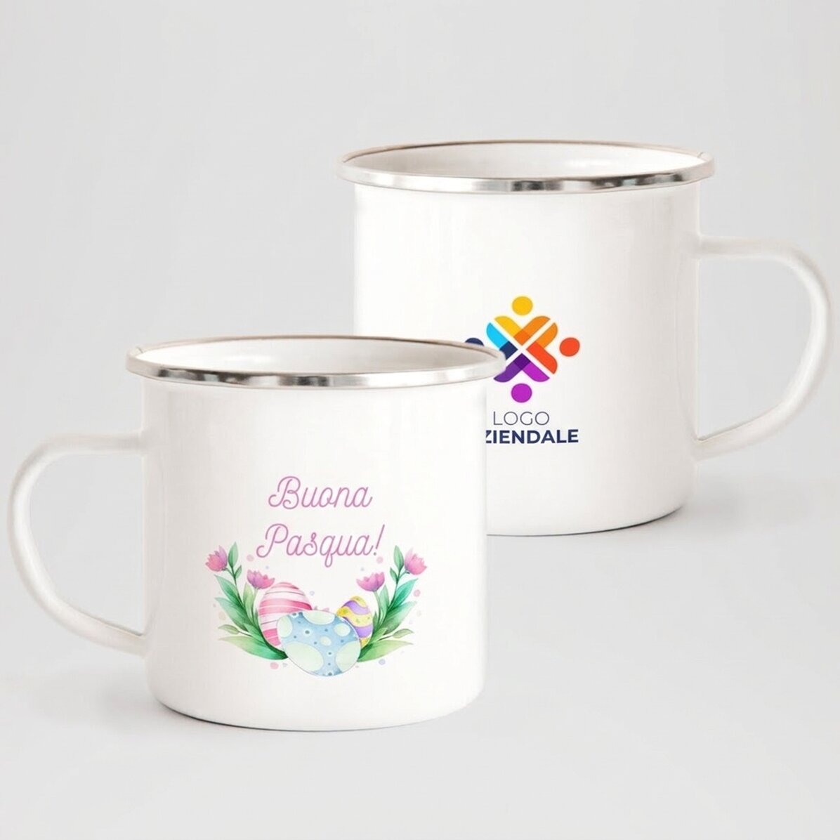 Tazza in metallo smaltato personalizzata con logo e testo - Buona Pasqua!